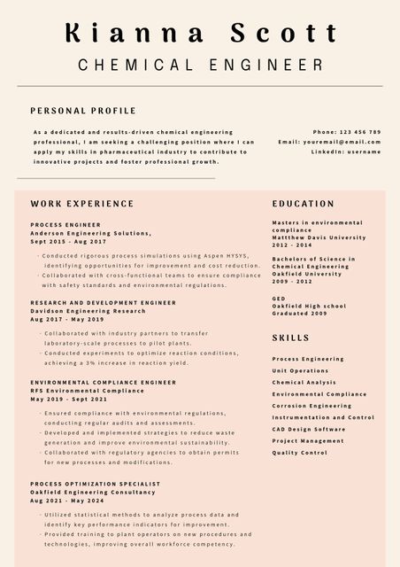 This clean and structured resume template is designed for chemical engineers, showcasing professionalism and attention to detail. With sections for personal profile, work experience, education, and skills, it helps candidates highlight their expertise and accomplishments effectively. Ideal for job seekers in chemical engineering looking to make an impactful first impression. Can be used in both digital and printed formats for job applications, interviews, and career fairs.