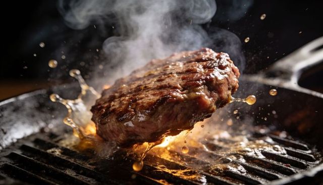 Searing juicy beef burger patty ejecting fat droplets and smoke on cast-iron grill pan