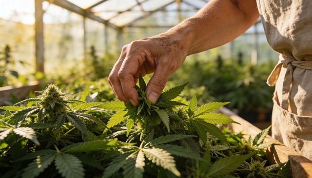 Grower inspecting cannabis plants in sunlit greenhouse tending buds and foliage
