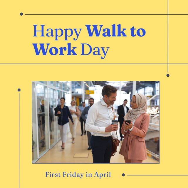 Happy Walk to Work Day Greeting Card with Coworkers Walking - Download Free Stock Templates Pikwizard.com