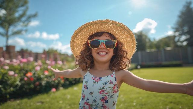 Smiling girl wearing straw hat and colorful sunglasses stretching arms in sunny garden