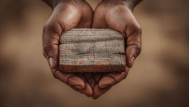 Cupped dark hands cradling weathered wooden block showing grain and rusty edge, closeup