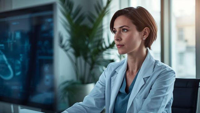 Female doctor reviewing medical scans on monitor in modern clinic wearing lab coat