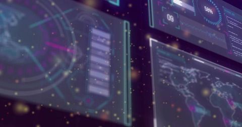 Futuristic Holographic HUD Panels Displaying Radar, World Map and Data Streams in Neon Interface