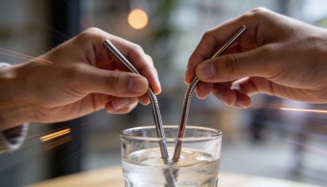 Two hands placing reusable stainless steel straws into glass of ice water in cafe
