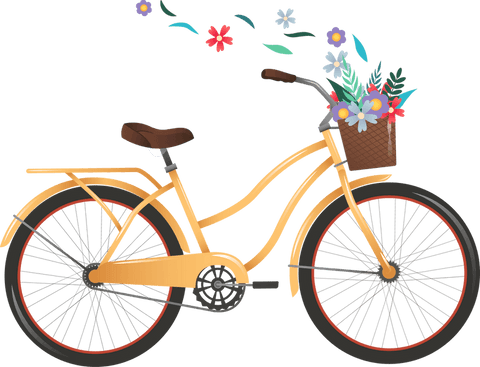 Yellow vintage bicycle with flower basket on transparent background