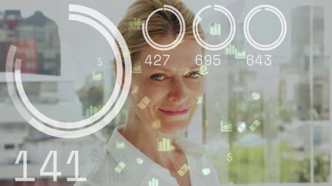 Digital Interface Showing Financial Data Overlay on Businesswoman