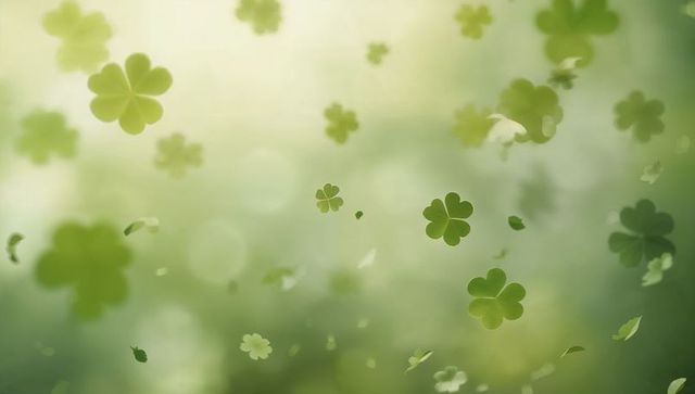 Floating four-leaf clover drifting through dreamy green bokeh with soft falling petals and light ray