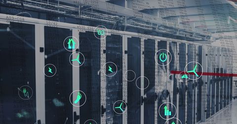Digital Interface Overlay in Modern Server Room Focusing on Sustainable Energy