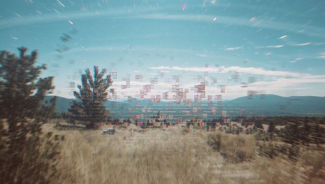 Surreal landscape with glitch effect and mountains