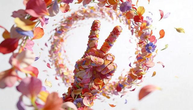 Floral peace sign hand forming colorful petal sculpture with spiral blossom rings