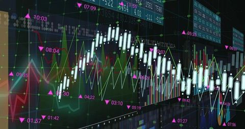Neon candlestick chart visualizing stock market data with glowing lines, magenta markers