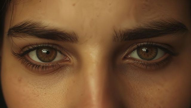 Revealing hazel eyes closeup with textured skin, long lashes and bold brows in warm light