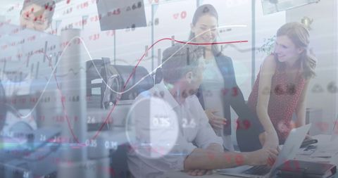 Corporate team discussing financial data and stock market trends