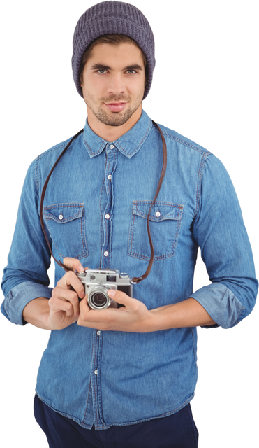 Transparent Portrait of Confident Man Holding Camera in Casual Denim Attire - Download Free Stock Videos Pikwizard.com