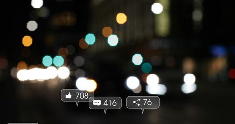 Social media engagement overlay on blurred cityscape lights