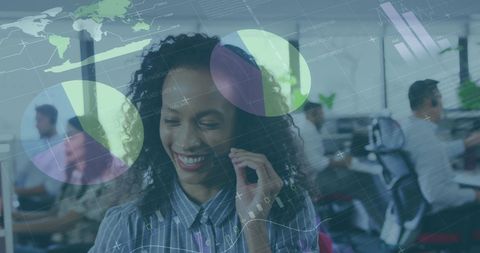 Businesswoman Analyzing Financial Data, Overlaid with Global Charts