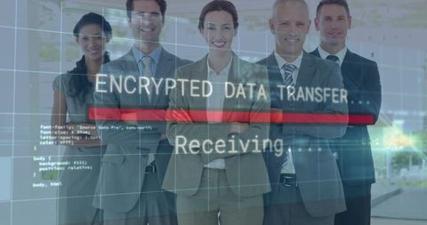 Business Leaders Standing Confidently Showing Encrypted Data Transfer HUD with Receiving Progress