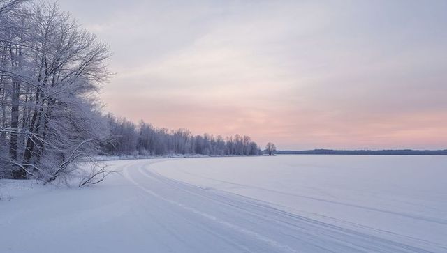 Curving snowmobile tracks leading along frozen lake at pastel sunrise, frost-coated trees
