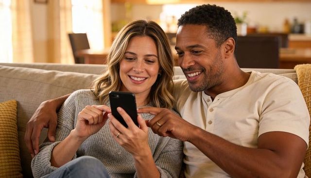 Smiling couple sharing phone on cozy sofa, pointing and laughing together at home