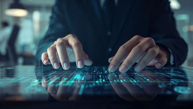 Executive Interacting with Futuristic Holographic Touchscreen