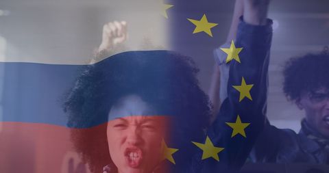 Protesters Overlayed with Russia and EU Flags Symbolizing Tensions - Download Free Stock Images Pikwizard.com