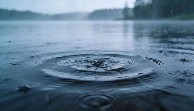Suspended rain droplet creating concentric ripples on misty lake surface at overcast dawn