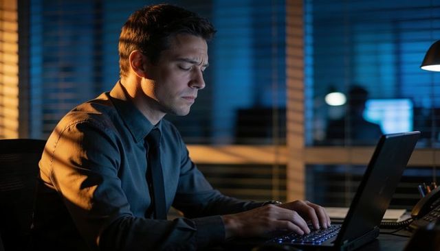 Corporate professional working late on laptop under warm desk lamp in modern office at night