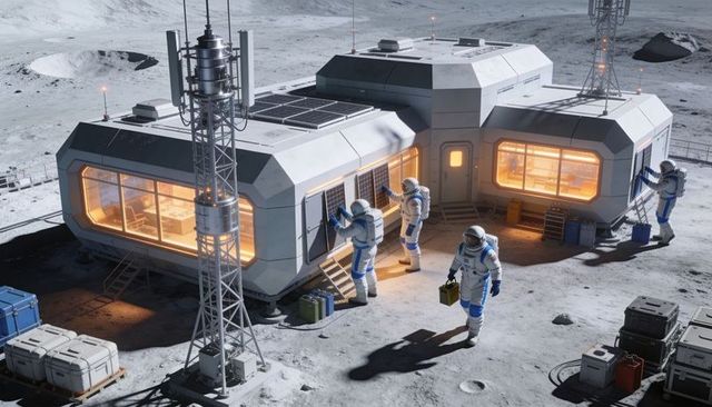 Astronauts Performing Exterior Maintenance on Modular Lunar Habitat Under Starlit Sky