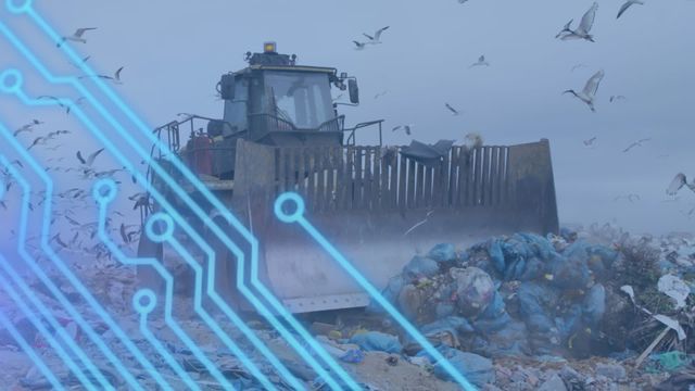 Image portrays a bulldozer actively organizing waste in large landfill. Digital overlay of a circuit board signifies integration of technology in modern waste management and sustainability practices. Useful for illustrating topics related to environmental technology, smart waste solutions, and sustainable management practices. Can be used in educational or environmental awareness content to show advancements in ecological conservation.