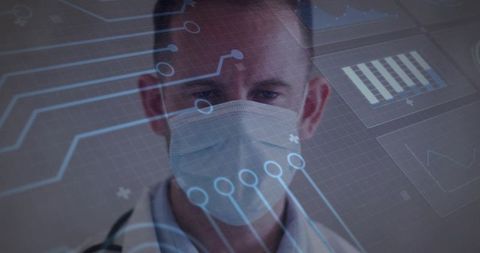 Doctor wearing surgical mask analyzing holographic medical data and digital dashboard