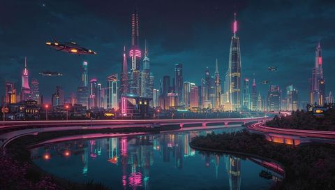 Neon-drenched futuristic skyline reflecting on canal with hovering craft and light trails