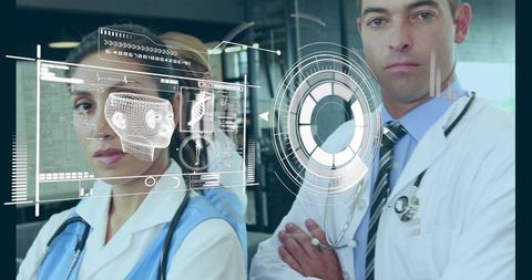 Doctors analyzing holographic brain scan using ar interface in medical clinic