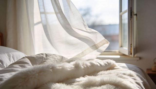 Sunlit bedroom with billowing sheer curtain and fluffy fur throw on rumpled duvet
