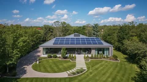 Drone capturing modern single-story home with rooftop solar array in lush landscape