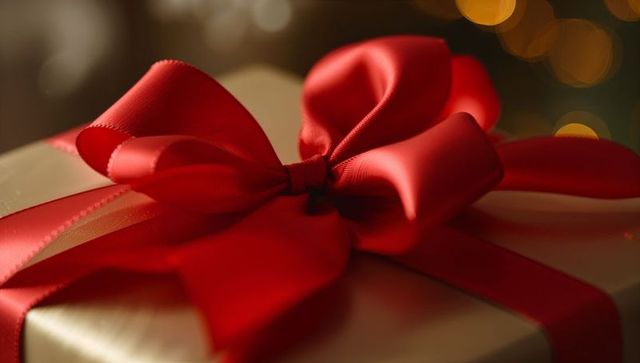 Elegant gift box with red satin ribbon bow indoors
