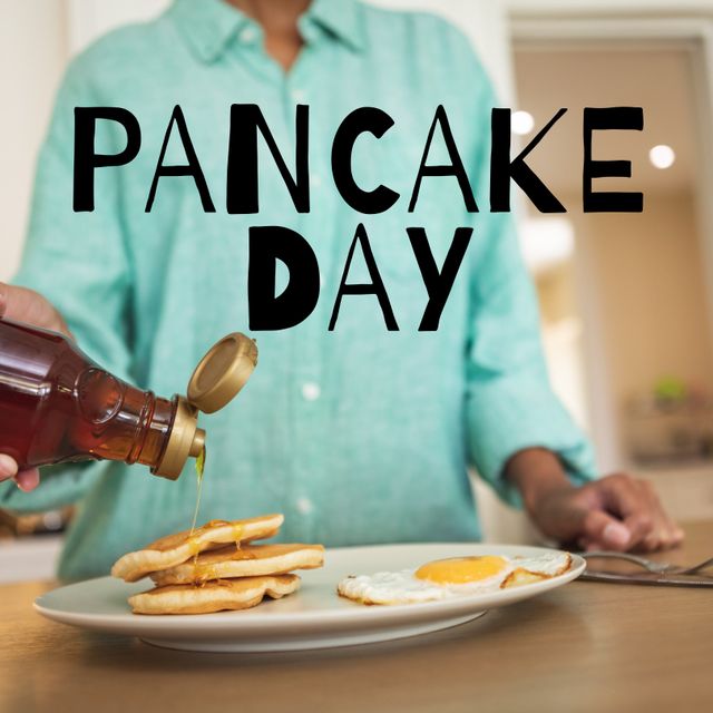 Pouring Syrup on Pancakes for Pancake Day - Download Free Stock Templates Pikwizard.com