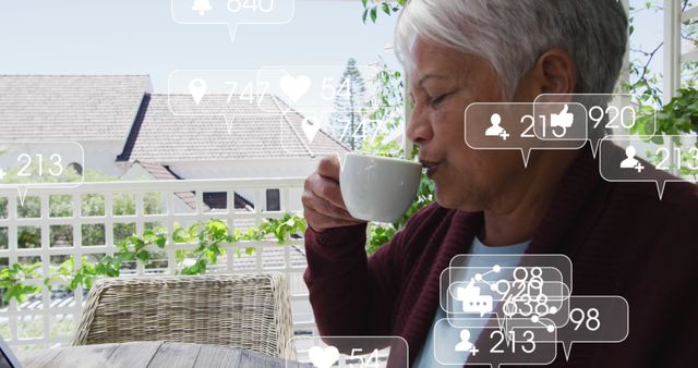 Senior Woman Enjoying Coffee While Engaging on Social Media - Download Free Stock Images Pikwizard.com