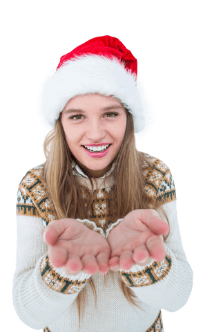 Smiling Woman Wearing Santa Hat Holding Hand Forward Transparent