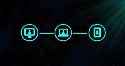 Connecting digital devices with neon teal icons linking laptop mobile desktop network