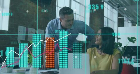 Business Colleagues Analyzing Data on Laptop with Virtual Charts