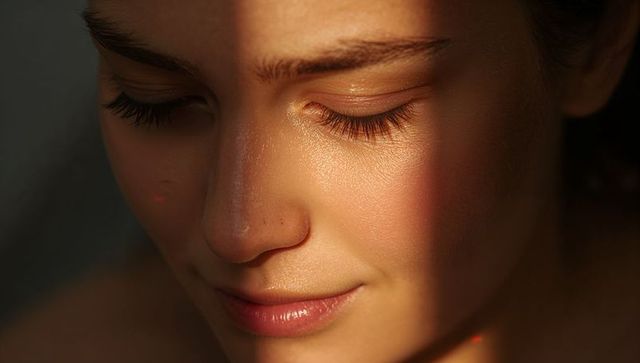 Sunlit close-up portrait of woman with closed eyes showing skin texture and soft shadows