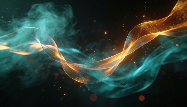 Twisting golden and teal light ribbons weaving through luminous cosmic smoke and sparkles