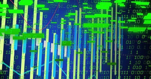 Neon binary data visualization with vertical bar chart, green markers on dashboard