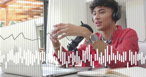 Recording young male podcaster in home studio wearing headset and red shirt with audio waveform over
