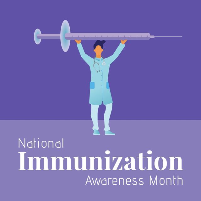 Illustration of doctor carrying syringe and national immunization awareness month text, copy space. violet, vaccination, immune system, healthcare, awareness and prevention concept.