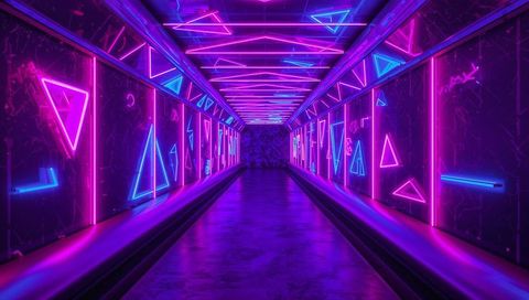 Glowing neon cyberpunk corridor with geometric triangle lights and reflective floor