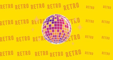 Colorful Disco Ball on Yellow Background with Retro Text