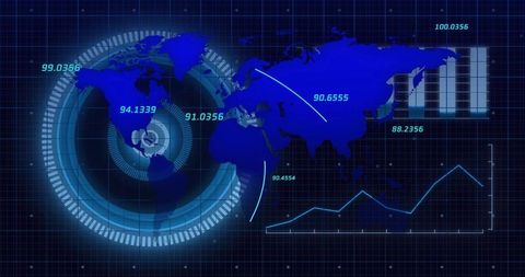 Global Cybersecurity Dashboard with Holographic World Map, Data Metrics and Charts
