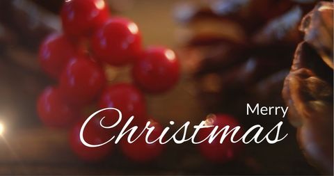 background of vibrant red berries alongside pinecones complemented by warm ambient lighting with an overlay greeting. perfect for festive postcards, digital christmas cards, social media holiday posts or wallpaper downloads for the merry season.